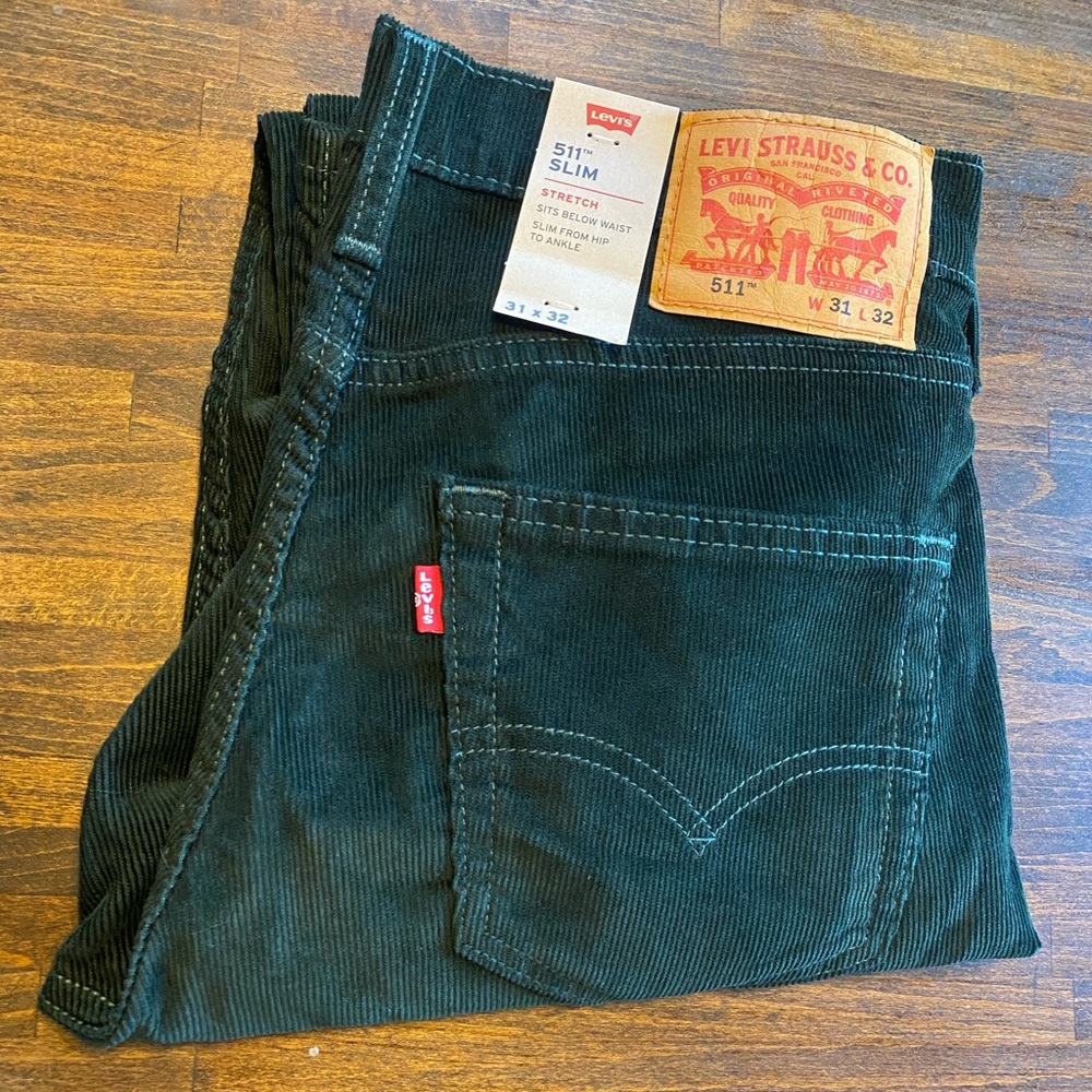 Levis 511 Corduroy Pants Mens 31x32 Slim Fit Tapered Stretch 5 Pocket Green NWT